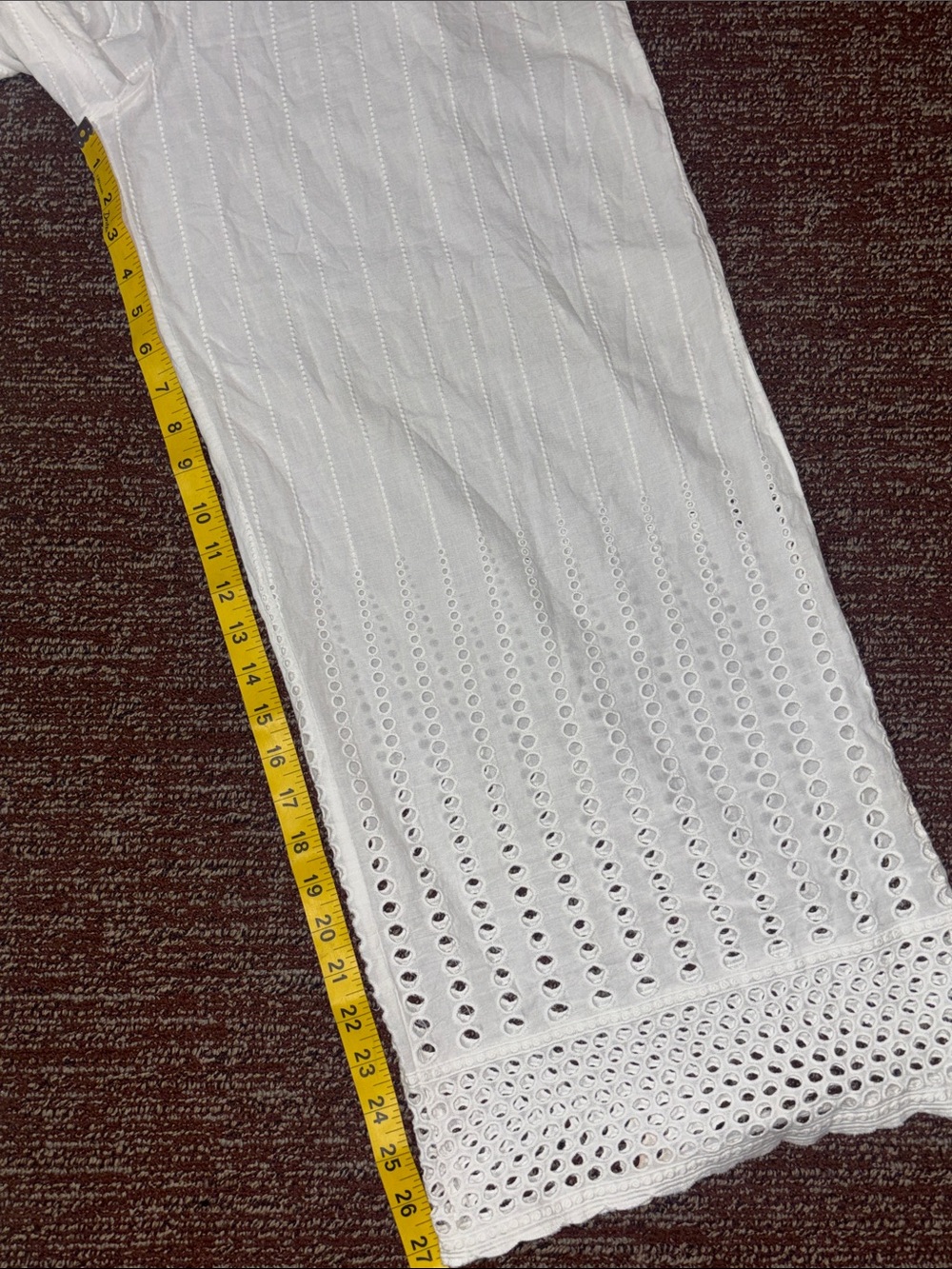 Sheer white palazzo pant tie waist relaxed fit Resortwear eyelet lace pant L - Picture 12 of 14